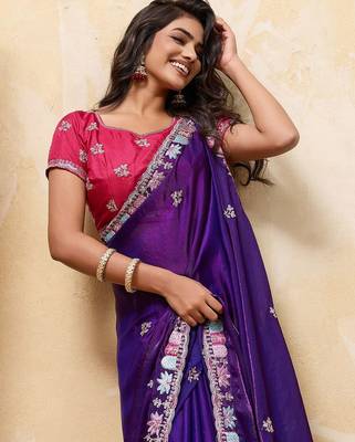 Purple satin embroidered saree with thread work 2