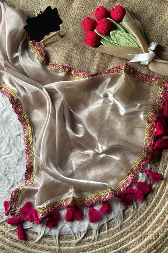 Beige tissue embroidered saree with sequins work