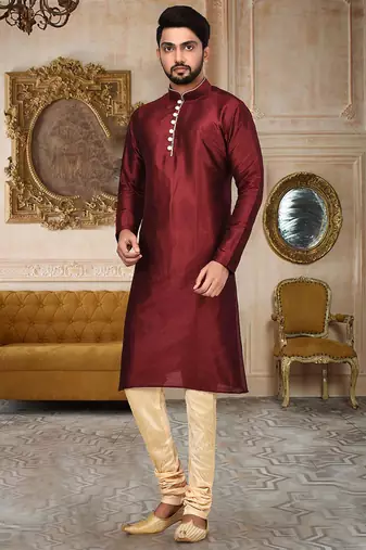 red dupion art silk  kurta with pattern work and 8 button