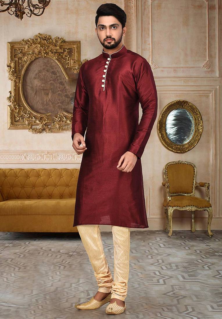red dupion art silk  kurta with pattern work and 8 button