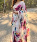 Cream georgette printed saree with floral print