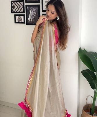 Beige tissue embroidered saree with sequins work 4