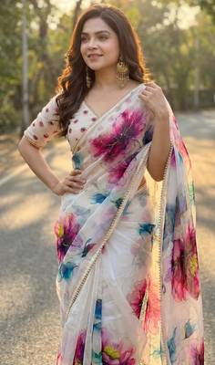 Cream georgette printed saree with floral print 2