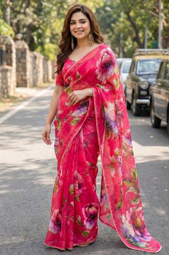 Pink georgette printed saree with floral print
