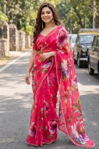 Pink georgette printed saree with floral print