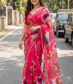 Pink georgette printed saree with floral print