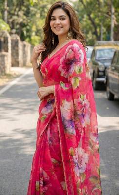 Pink georgette printed saree with floral print 2