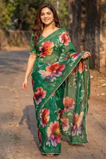 Green georgette printed saree with floral print