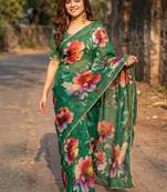 Green georgette printed saree with floral print