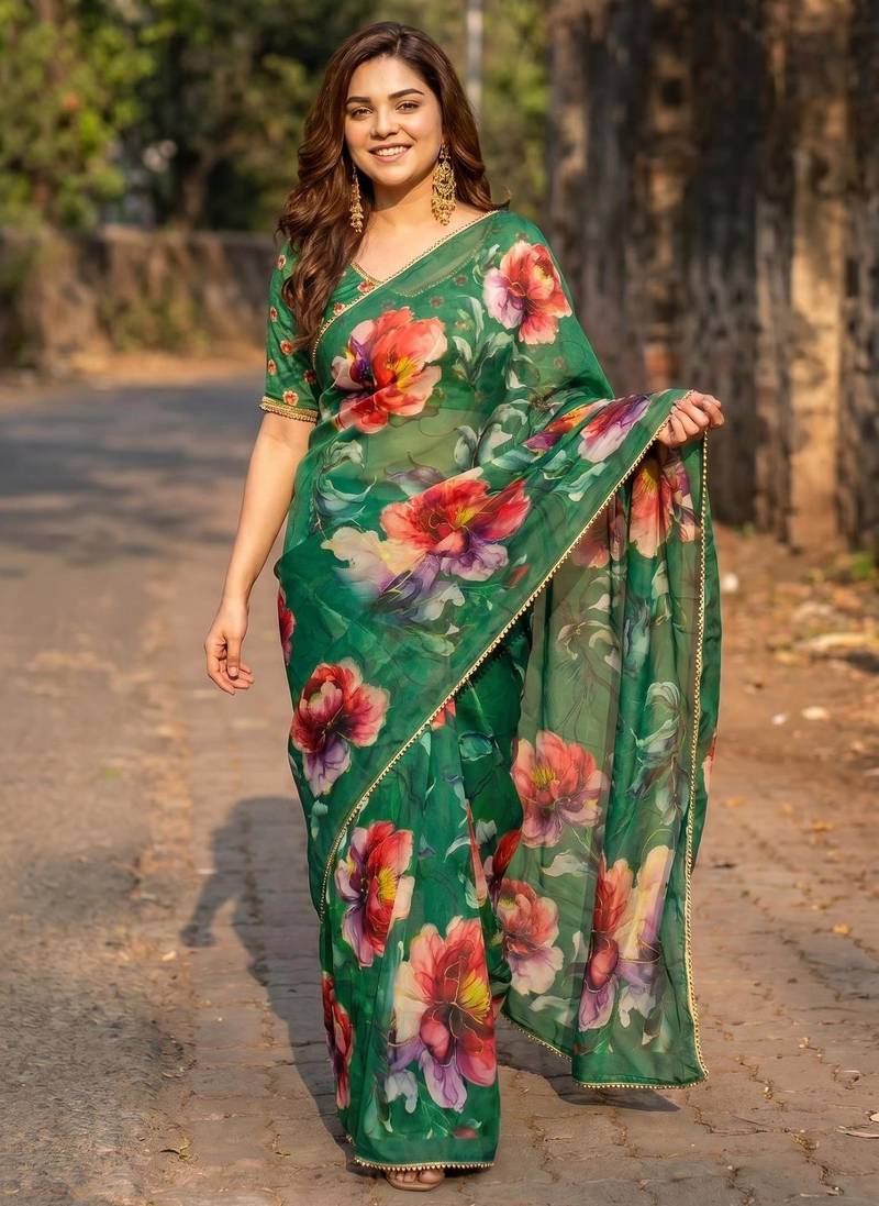 Green georgette printed saree with floral print