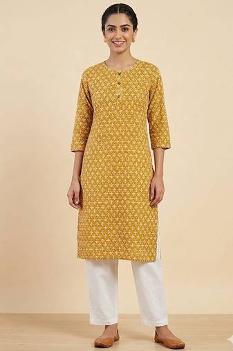 Mustrad yellow printed cotton kurti