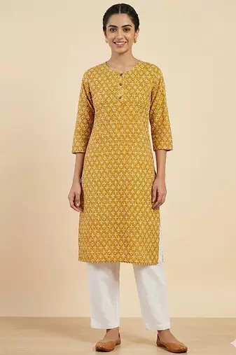 Mustrad yellow printed cotton kurti