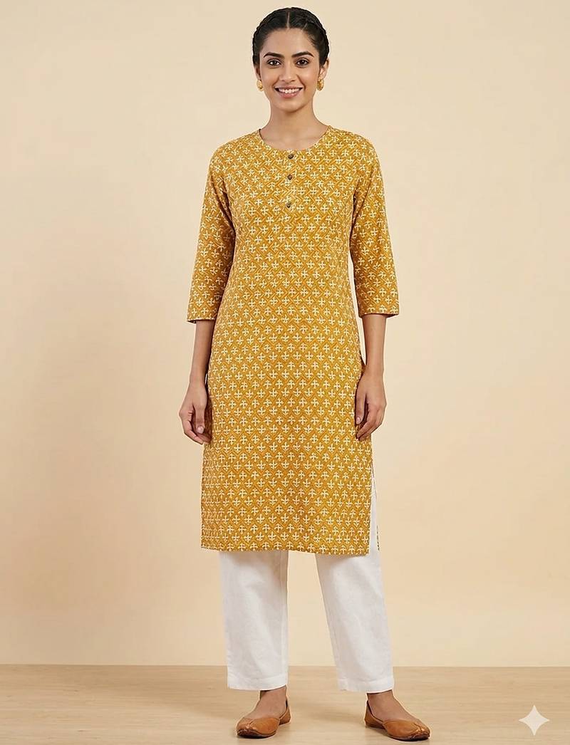 Mustrad yellow printed cotton kurti