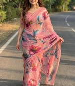 Pink georgette printed saree with floral print