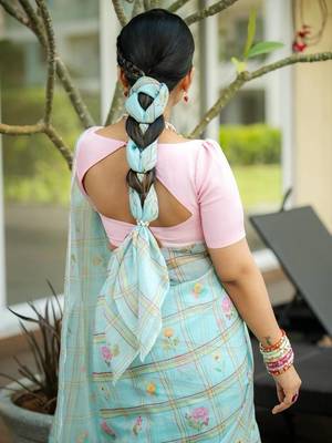 Sea green art silk printed saree with floral print 2