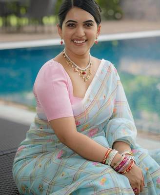 Sea green art silk printed saree with floral print 4