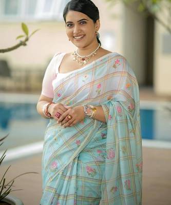 Sea green art silk printed saree with floral print 5