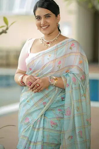 Sea green art silk printed saree with floral print