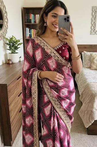 Wine silk blend embroidered saree with thread work