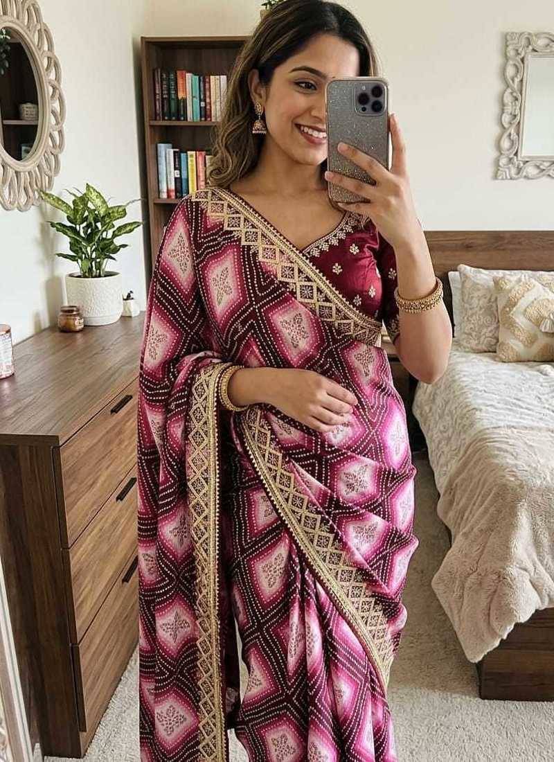 Wine silk blend embroidered saree with thread work