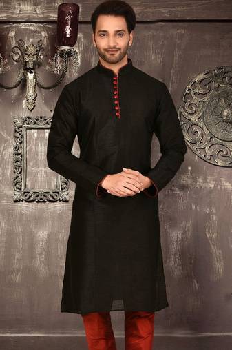 black dupion art silk  kurta with pattern work and 8 button