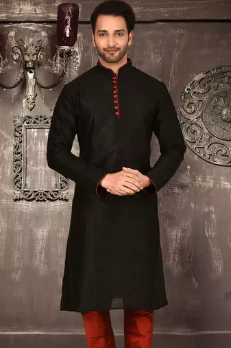 black dupion art silk  kurta with pattern work and 8 button