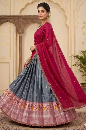 Graceful Grey Ethnic Set Paired with Magenta Pink Scalloped Border Dupatta