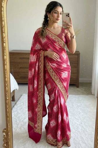 Pink silk blend embroidered saree with thread work