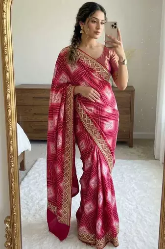 Pink silk blend embroidered saree with thread work