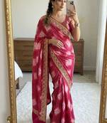 Pink silk blend embroidered saree with thread work