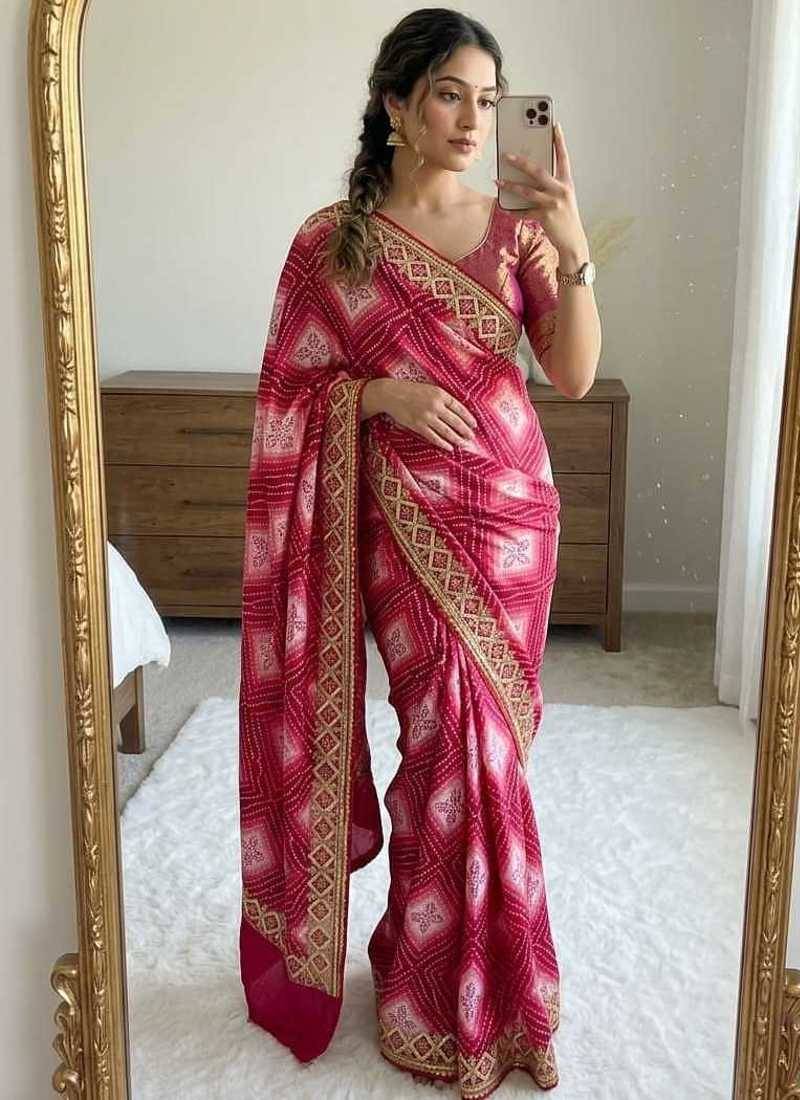 Pink silk blend embroidered saree with thread work