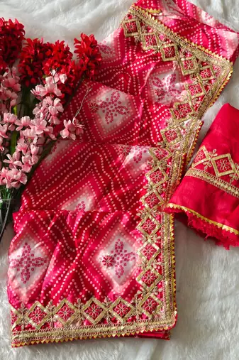 Pink silk blend embroidered saree with thread work