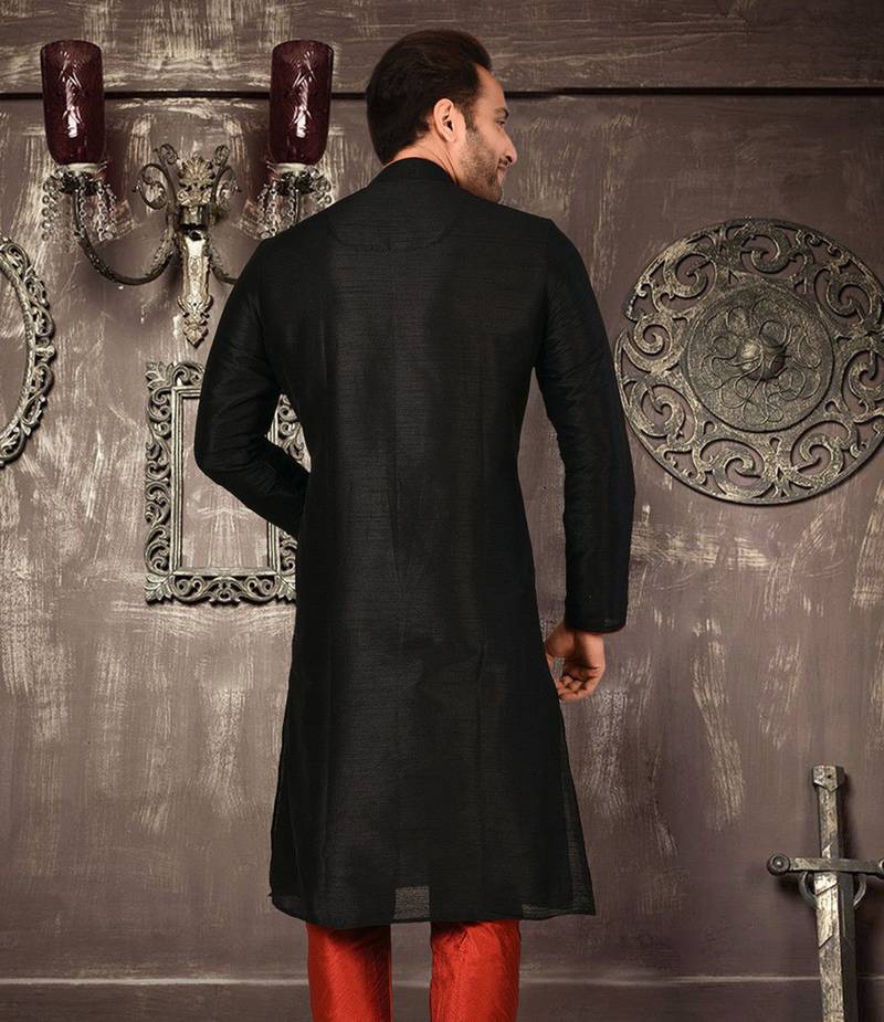 black dupion art silk  kurta with pattern work and 8 button