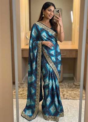 Teal silk blend embroidered saree with thread work 1