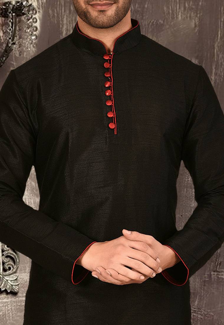 black dupion art silk  kurta with pattern work and 8 button
