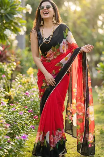 Red georgette printed saree with floral print