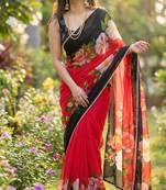 Red georgette printed saree with floral print