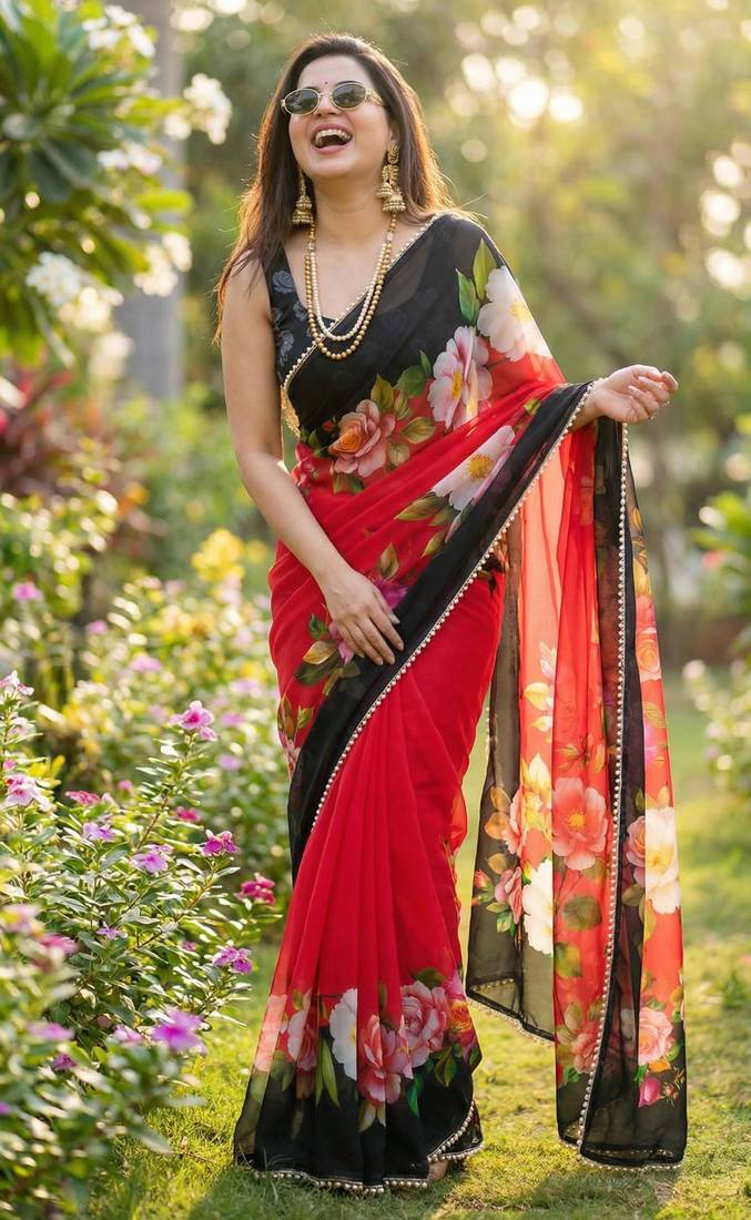 Red georgette printed saree with floral print