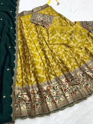 Mustard Lehenga Choli Set with Festive Dark Green Embroidered Dupatta 2