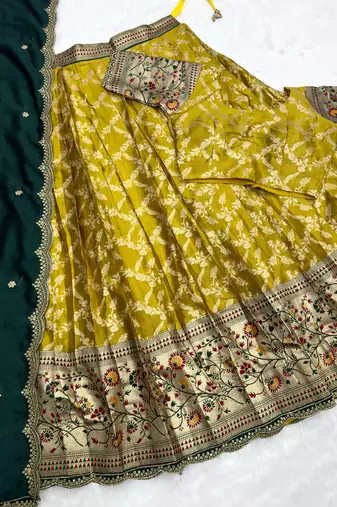 Traditional Mustard Lehenga Choli Set with Festive Dark Green Embroidered Dupatta