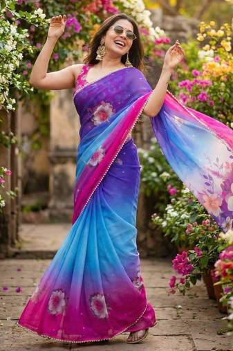 Multicolor georgette printed saree with floral print