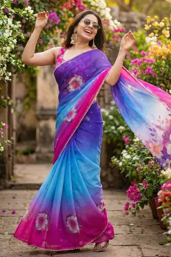 Multicolor georgette printed saree with floral print