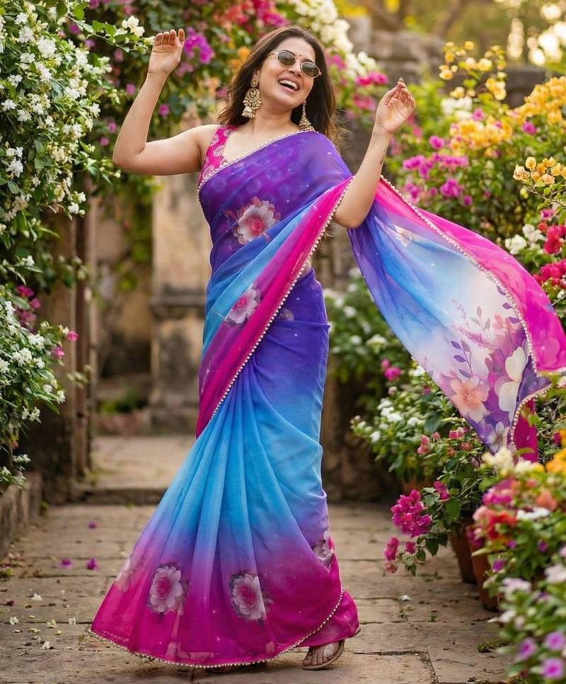Multicolor georgette printed saree with floral print