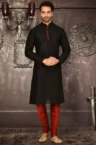 black dupion art silk  kurta with pattern work and 8 button