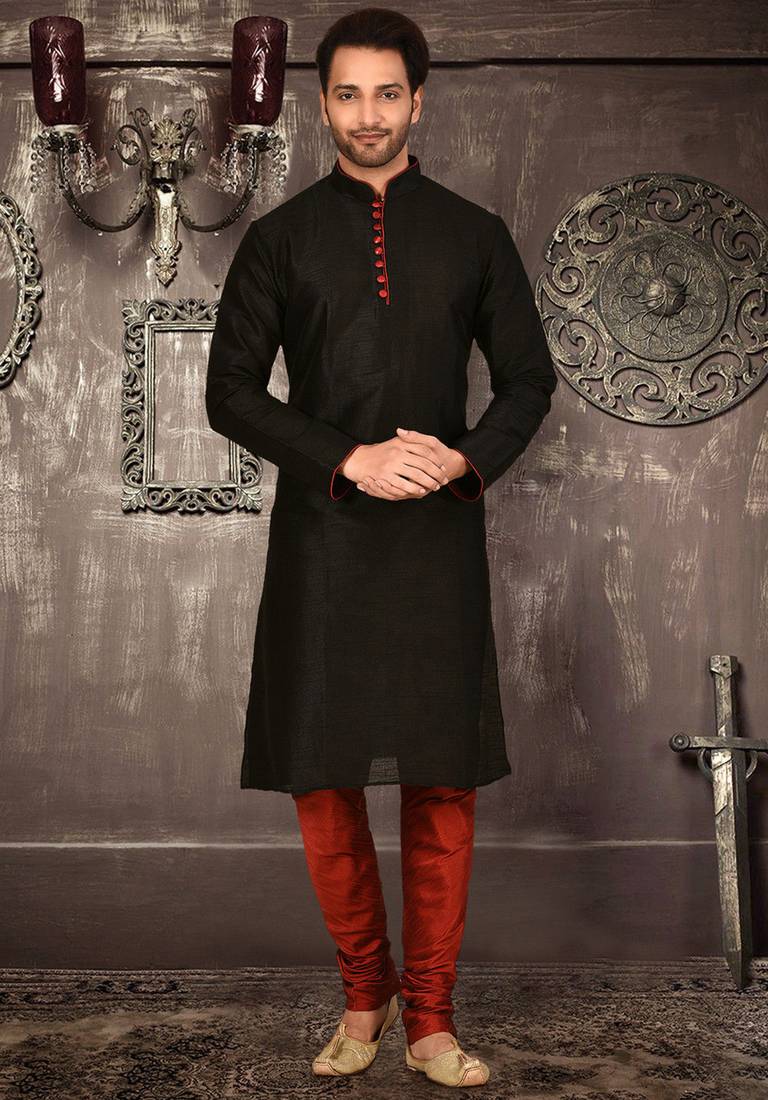 black dupion art silk  kurta with pattern work and 8 button