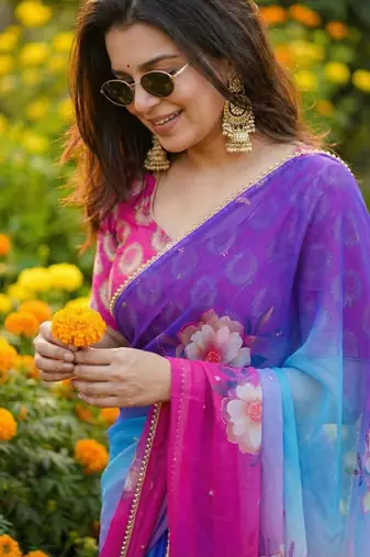 Multicolor georgette printed saree with floral print