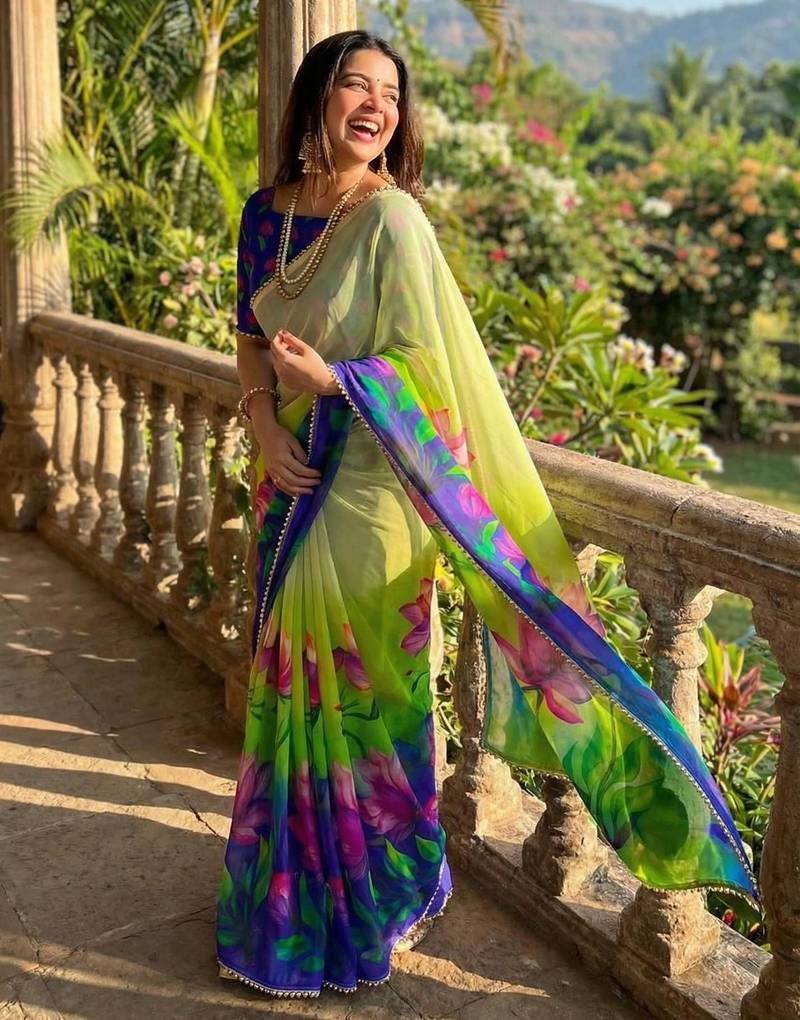 Multicolor georgette printed saree with floral print