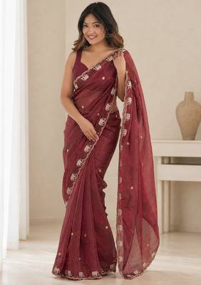 Wine satin embroidered saree with thread work 1