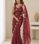 Wine satin embroidered saree with thread work