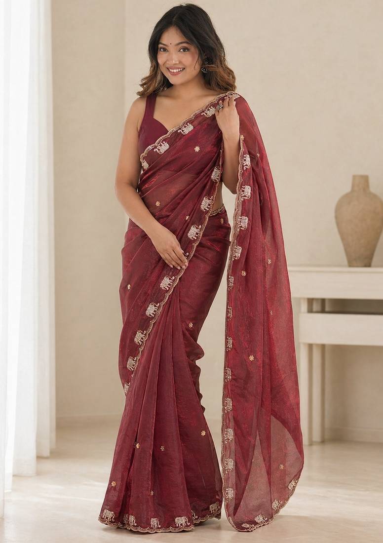 Wine satin embroidered saree with thread work